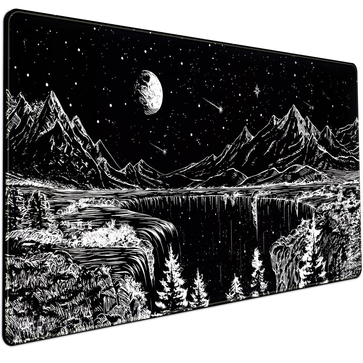 Black and White Desk Mat Dark Nature Forest Mouse pad XXL Starry Night Mountain Desk pad Aesthetic