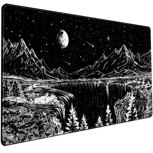 Black and White Desk Mat Dark Nature Forest Mouse pad XXL Starry Night Mountain Desk pad Aesthetic