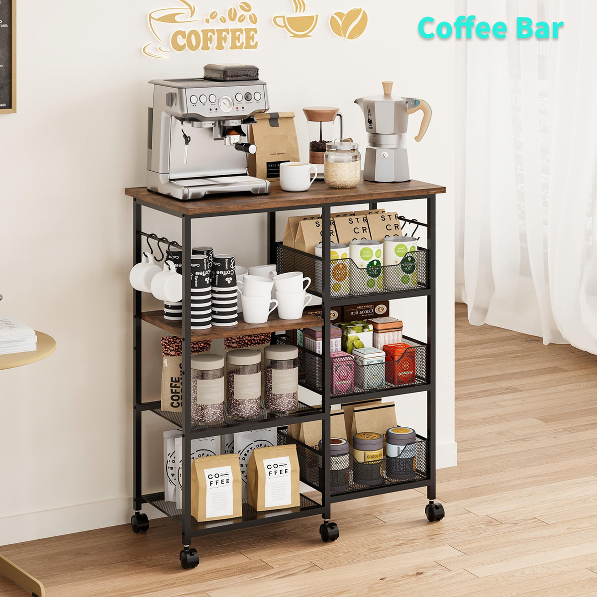 HapiRm Rolling Kitchen Carts with Storage - Microwave Table Stand with 6 Hooks & 3 Baskets, kitchen