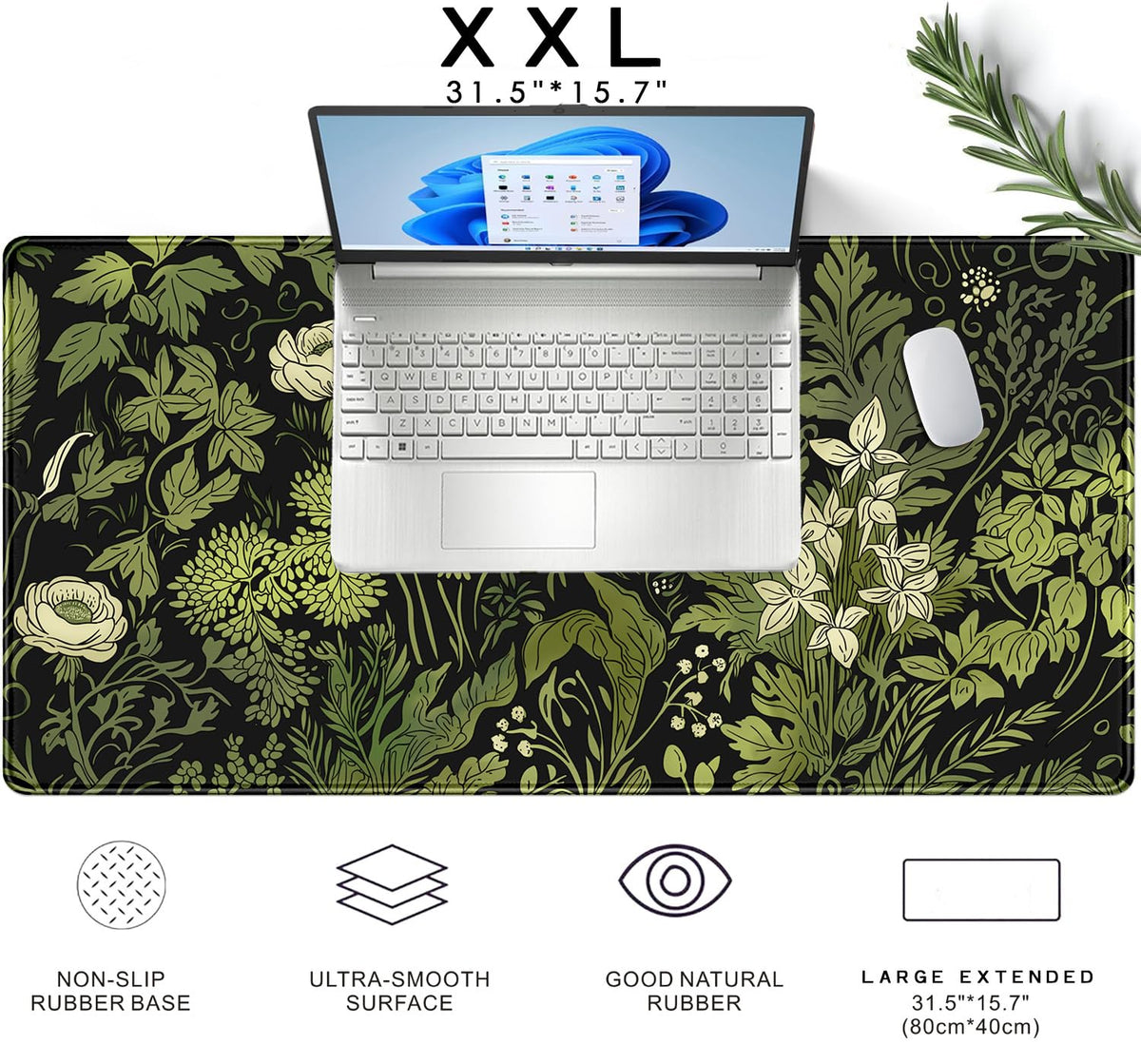 Floral Desk Mat Green Leaves Plant Desk Pad Matt for Desktop Large Gaming Mousepad XXL Full Desk