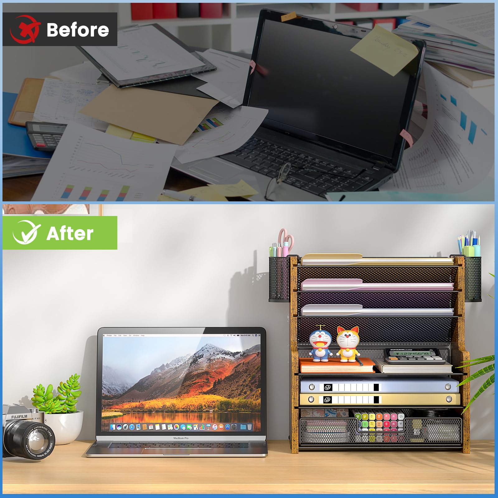 DAOUTIME 6-Tier Mesh Desk Organizer with Drawer, Wooden Office Organizer for Papers, Folders &