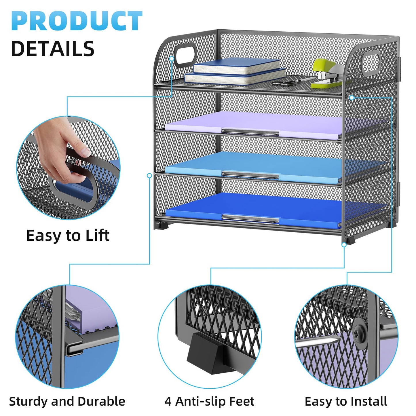 Marbrasse 4 Tier Paper Organizer Letter Tray - Mesh Desk File Organizer with Handle, Paper Sorter
