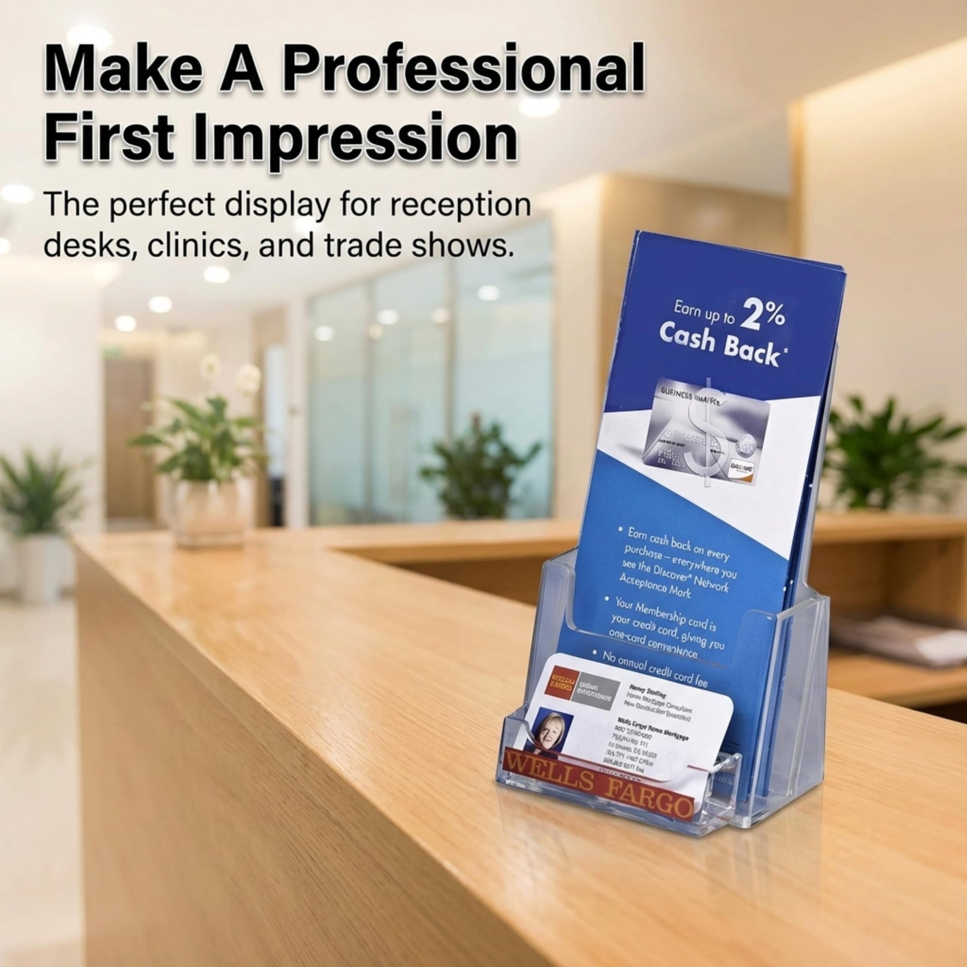 Clear-Ad - Acrylic Trifold Brochure Holder with Business Card Pocket - Rack Card Display - Pamphlet