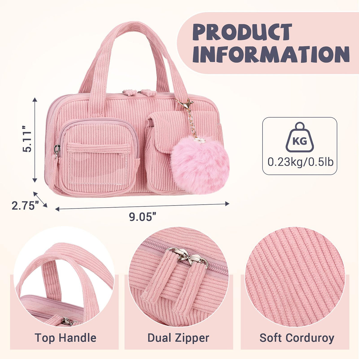 QIXIHU Pencil Case Corduroy Multiple Compartments Pouch Bag for Girl, Pink
