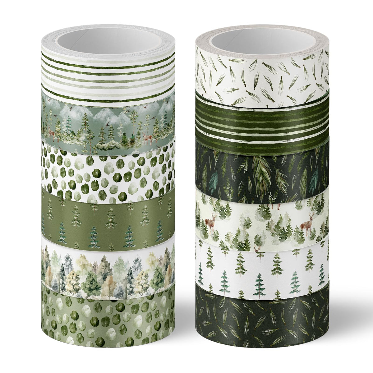 Whaline 12 Rolls Green Forest Washi Tape Watercolor Greenery Holiday Masking Tape Woodland Green