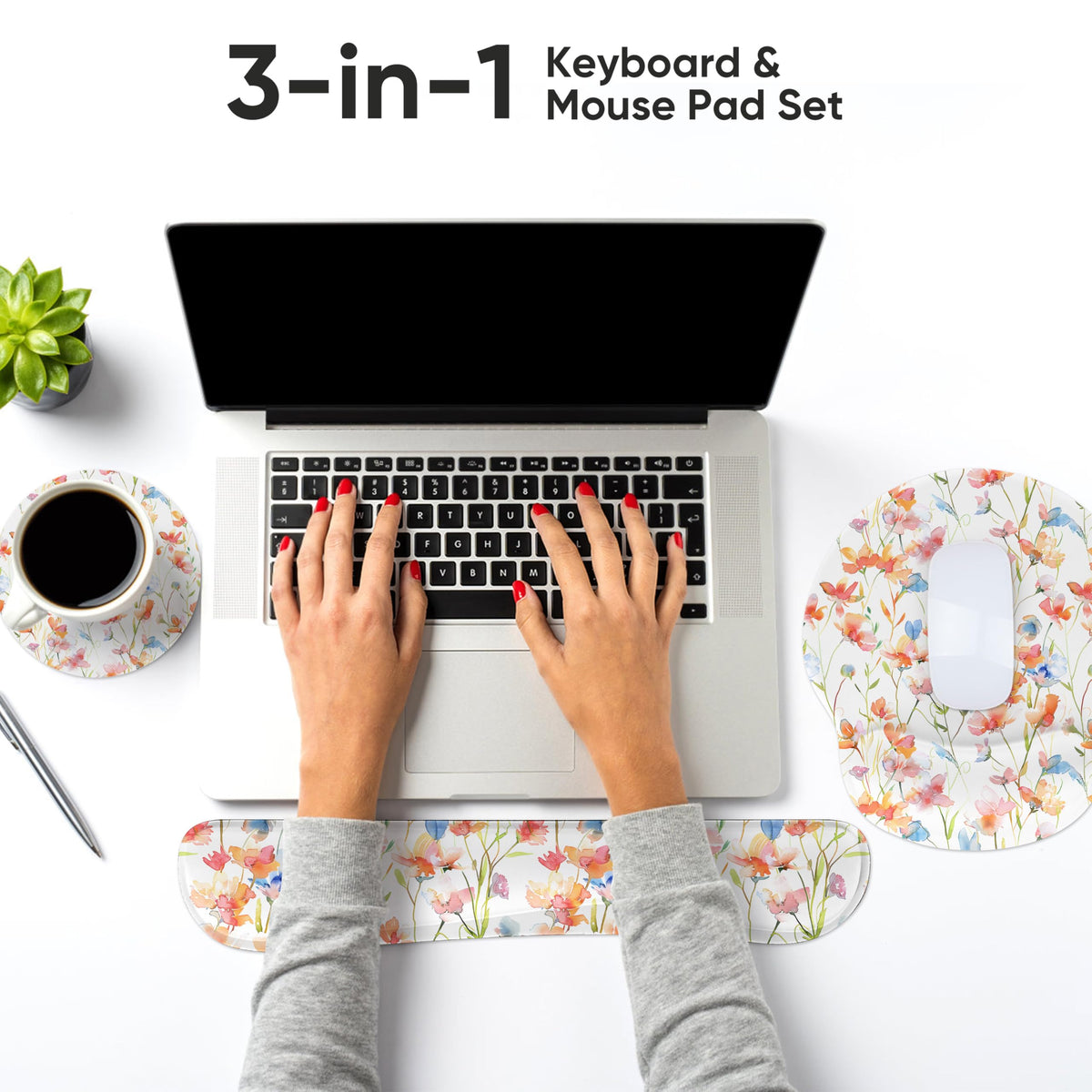 RICHEN 3 PCS Computer Mouse Pads for Desk with Coaster Set, Non-Slip Keyboard Wrist Rest and Mouse