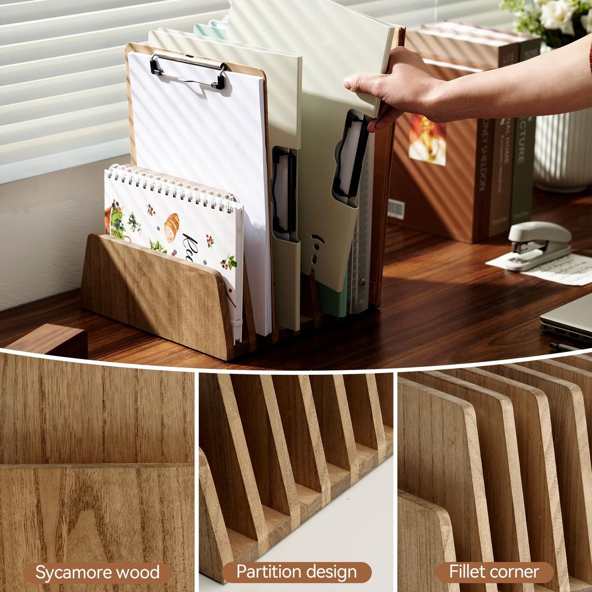 KIRIGEN Wooden File Organizer, 7-Slot Upright Holder for Desk, Brown 7K-DBR