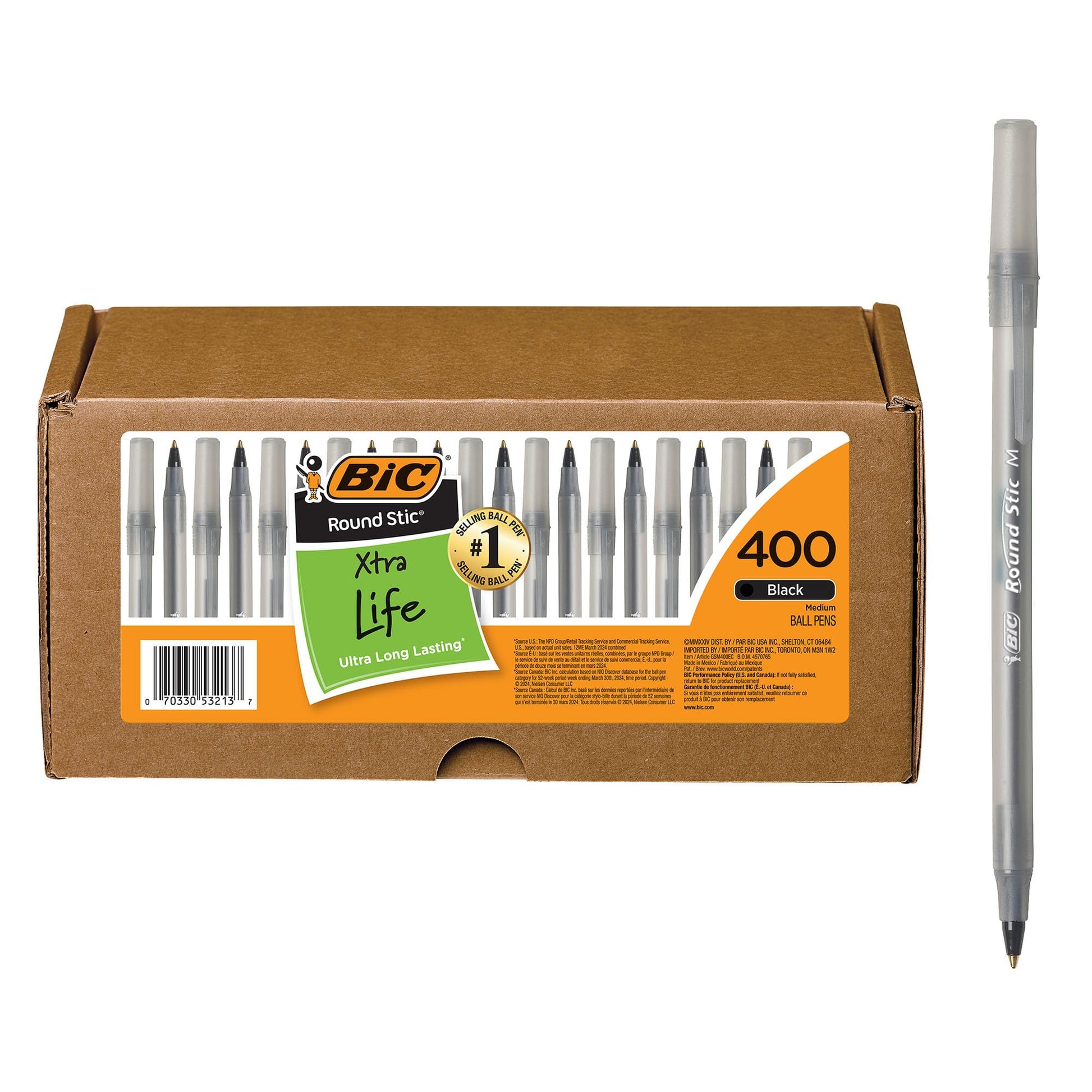 BIC Round Stic Xtra Life Black Ballpoint Pens, Medium Point, 400-Count