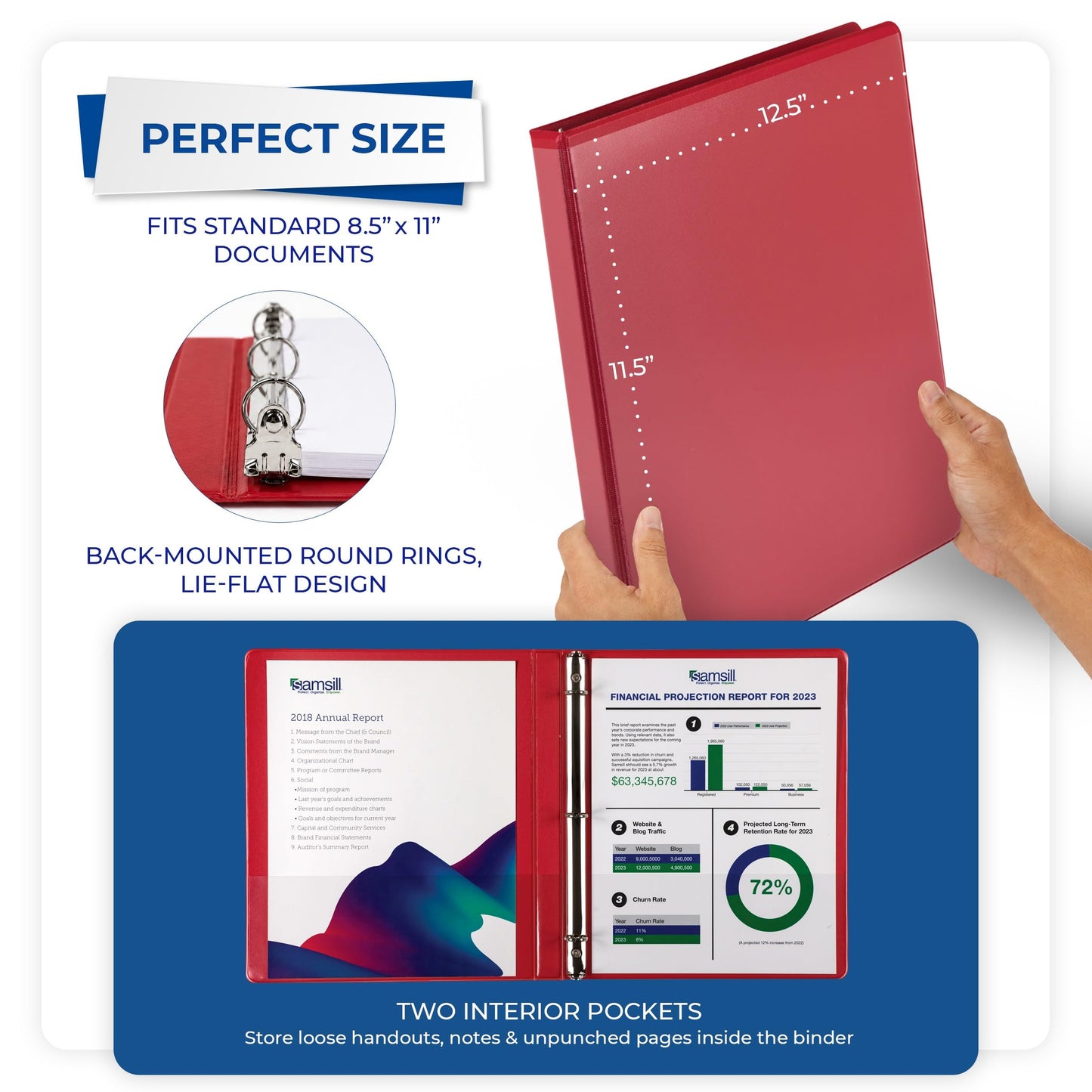 Samsill 0.5 Inch 3 Ring Binders, Economy Round Ring, Clear View Cover, 100 Sheet Capacity - for