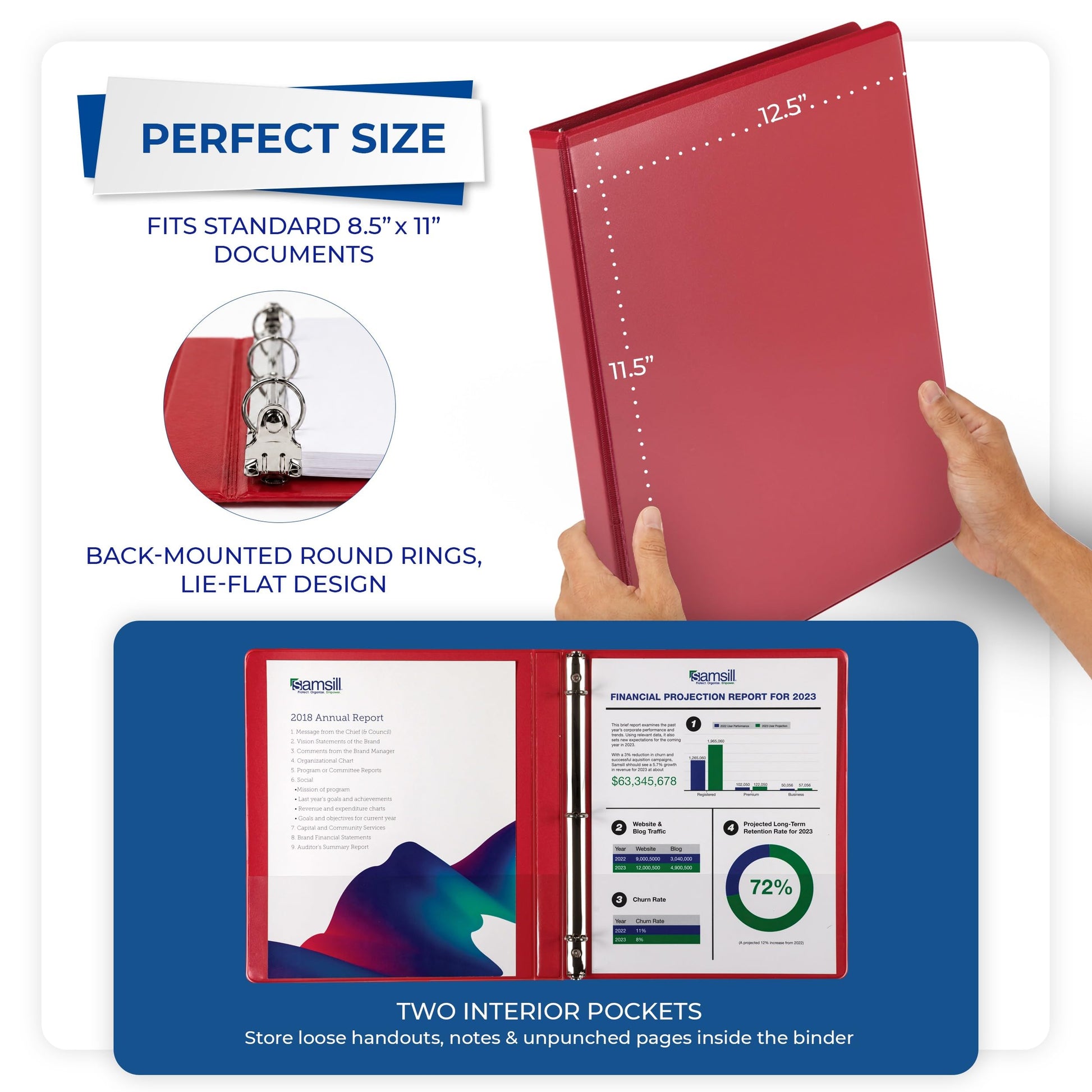 Samsill 0.5 Inch 3 Ring Binders, Economy Round Ring, Clear View Cover, 100 Sheet Capacity - for
