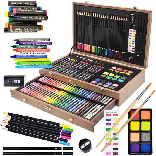 Sunnyglade 145 Piece Deluxe Art Set Wooden Art Box & Drawing Kit Tan