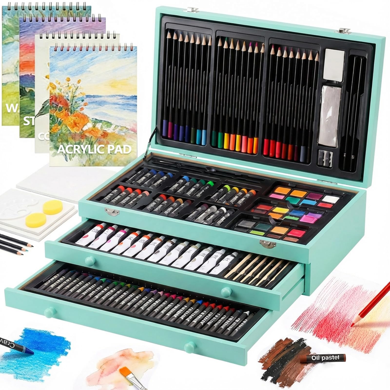 194 Piece Deluxe Art Set, Painting Drawing Art Supplies with 4 Drawing Pads, Acrylic Paints