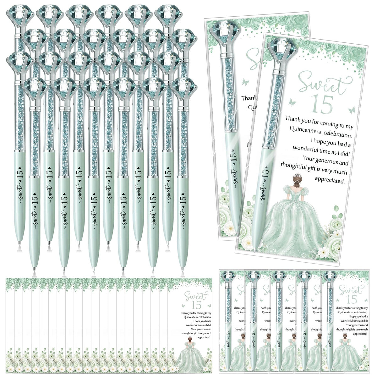 Sayglossy 50 Sets Quinceanera Party Favors Sweet Thank You Gifts Diamond Pens with Thank You Cards
