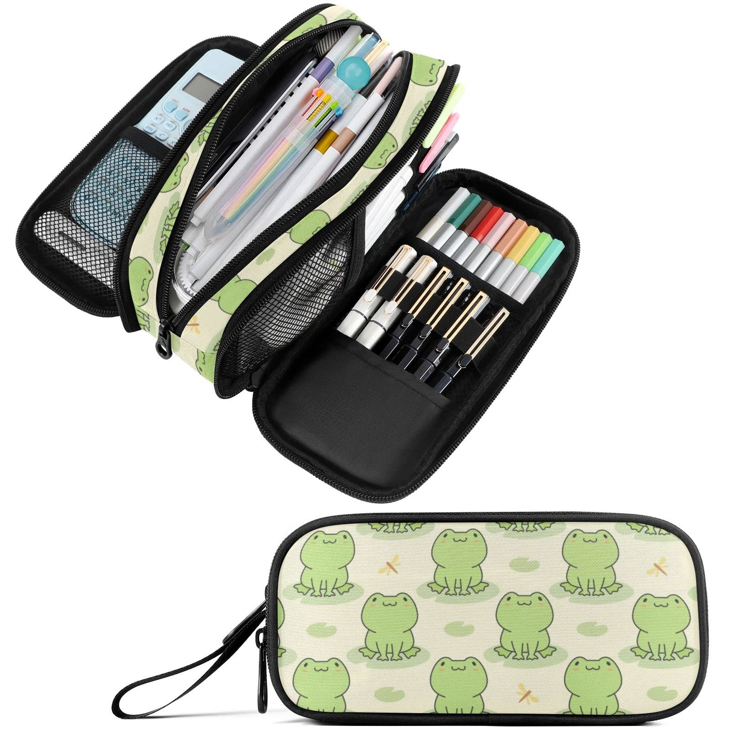 Fustylead Cute Frog Big Capacity Pencil Pen Case, Multi-Purpose Makeup Bag Organizer Storage Pouch