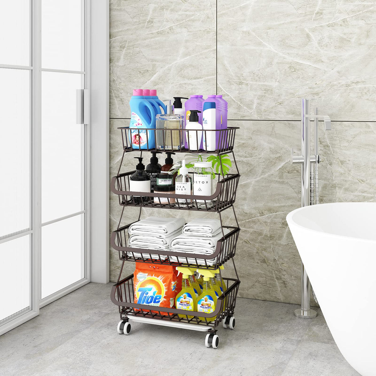 Miyawell Fruit Vegetable Storage Basket for Kitchen - 4 Tier Stackable Metal Wire Baskets Cart with