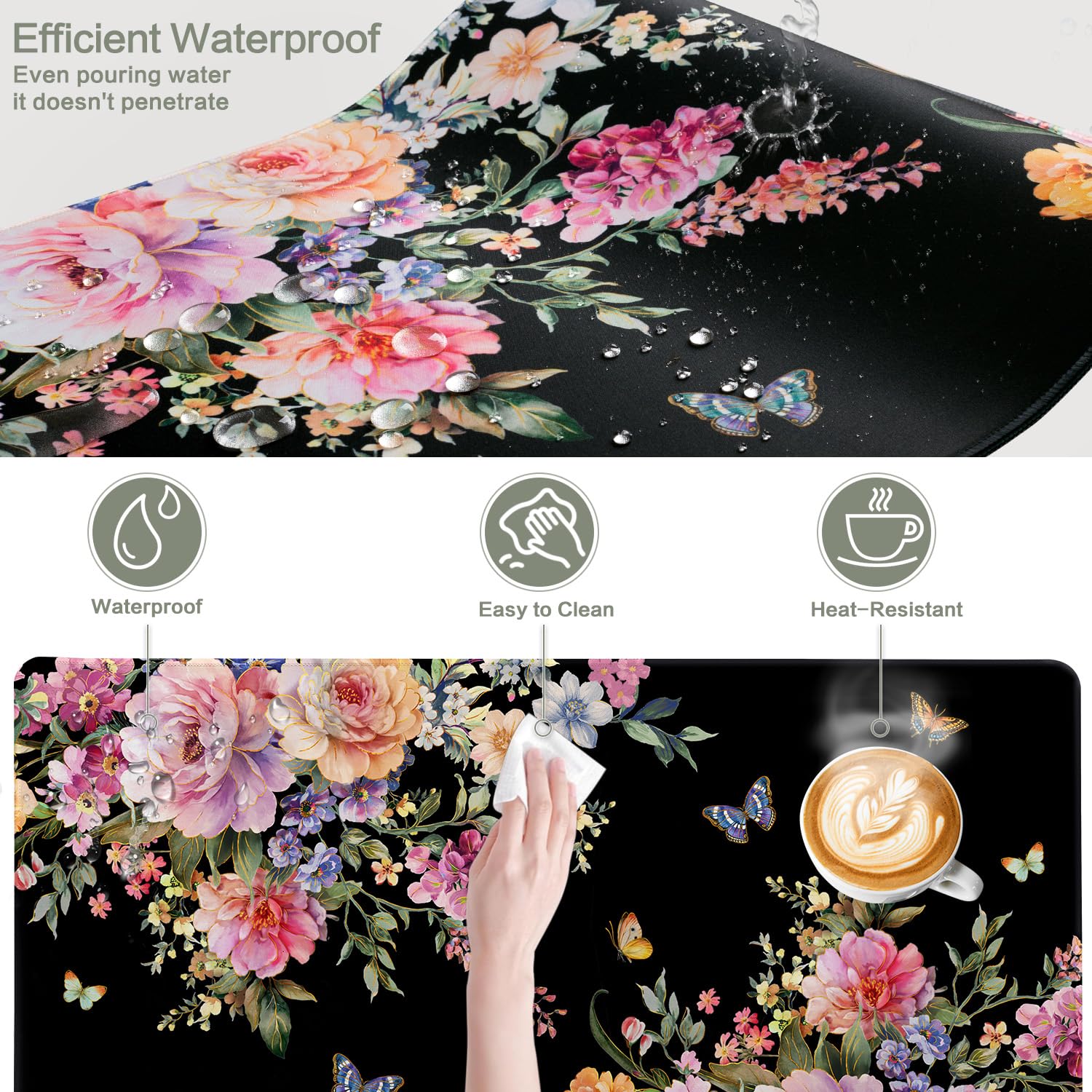 Pink Flower Desk Mat Mouse Pad Waterproof, Butterfly Floral XXL Extended Large Gaming Desk Pad