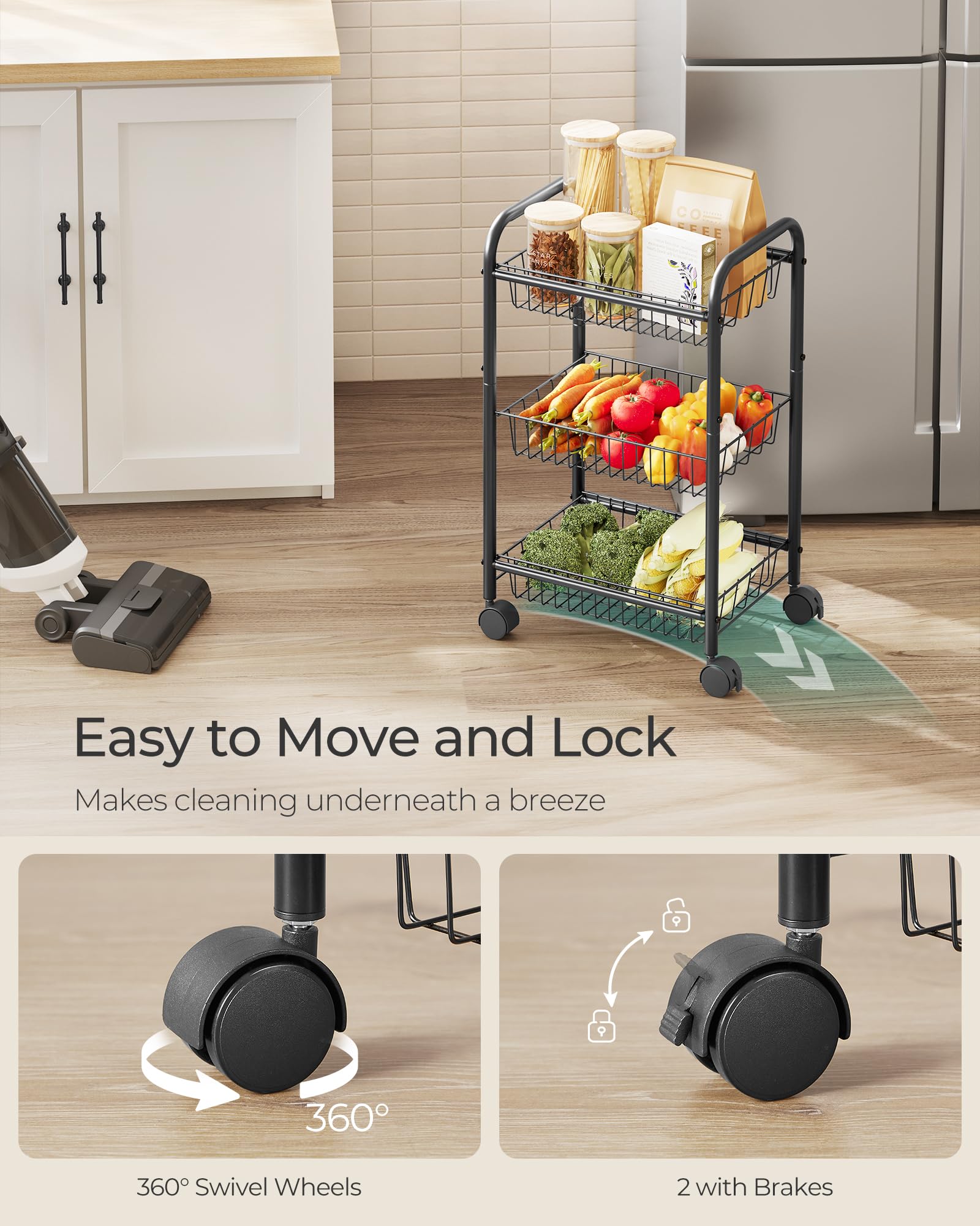 SONGMICS 3-Tier Steel Rolling Cart with Removable Baskets