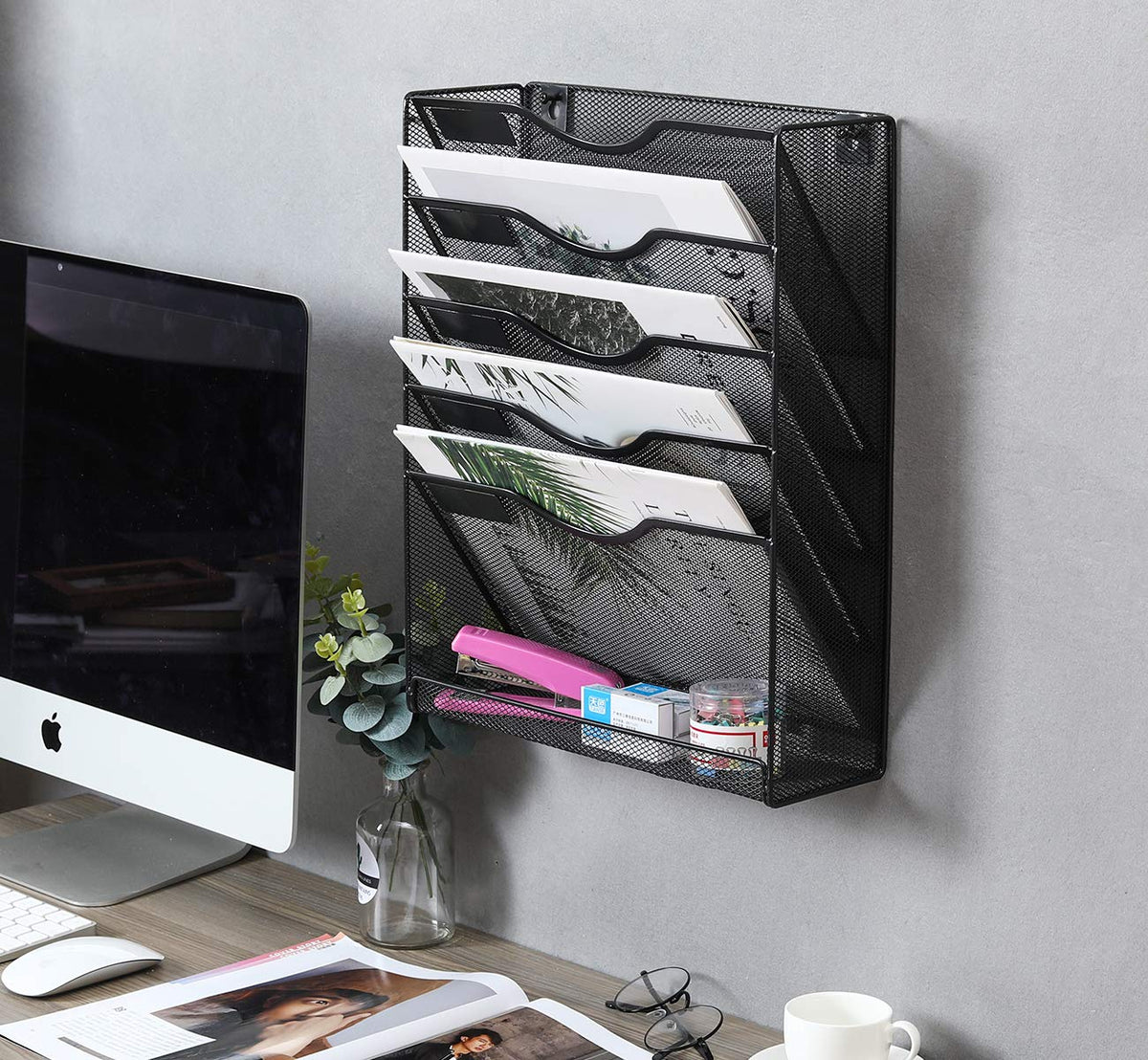 EasyPAG 5 Tier Wall File Holder Mesh Hanging Folder Organizer with Classify Label, Versatile Desk