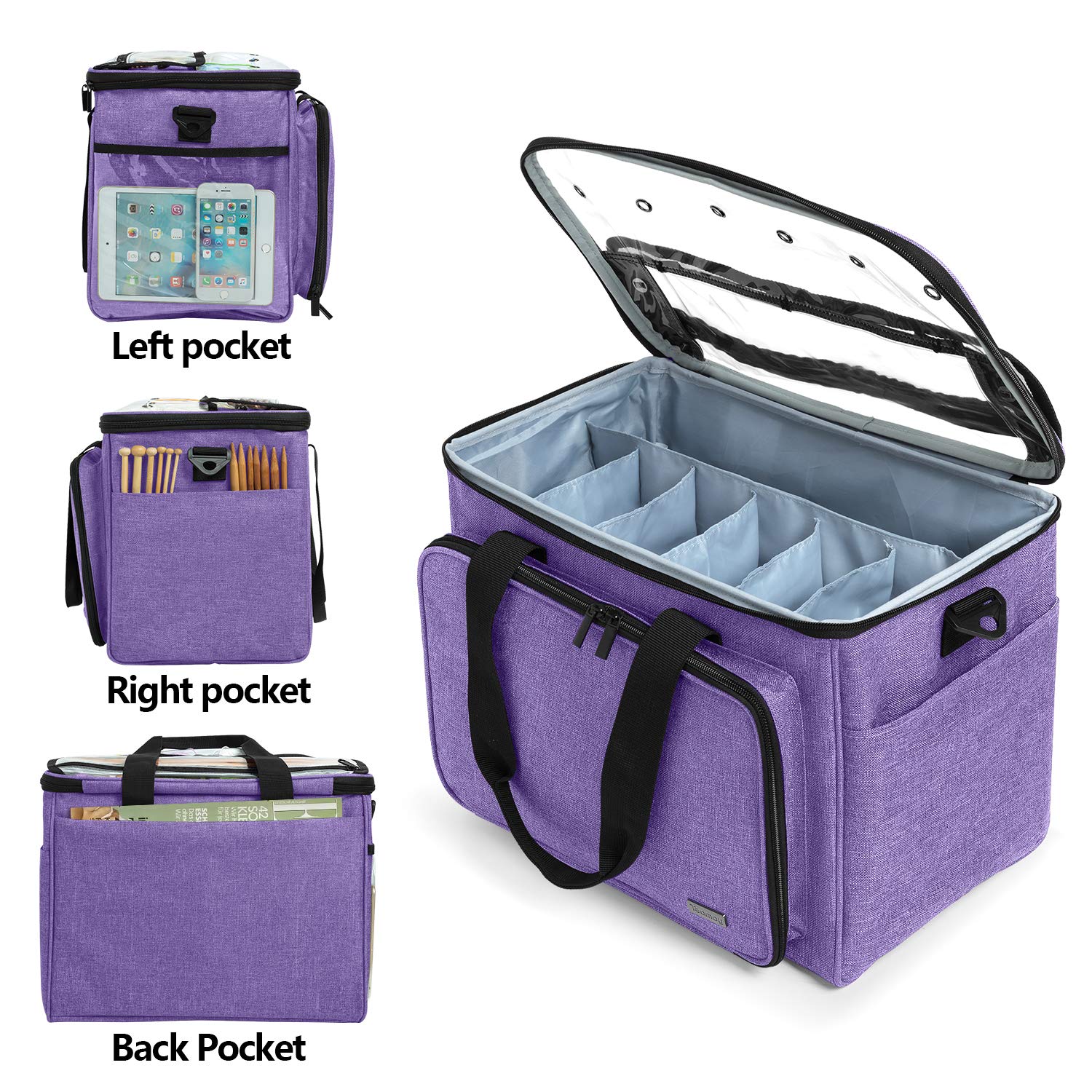 Teamoy Knitting Bag, Yarn Storage Organizer Crochet Bag Tote, Purple