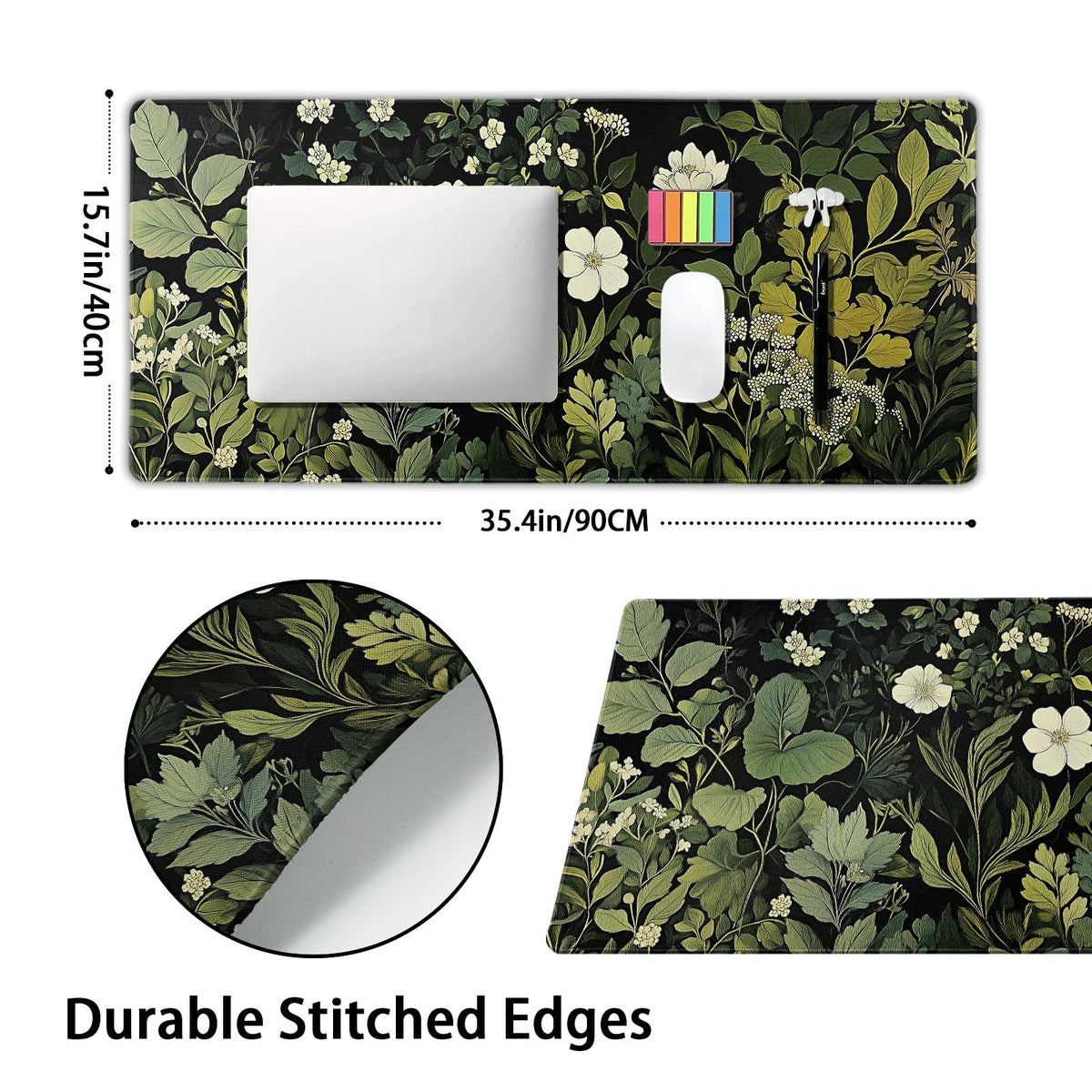 Green Leaves Mouse Pad XXL Botanical Plants Beige Floral Extended Table Mat 90X40 cm Non-Slip
