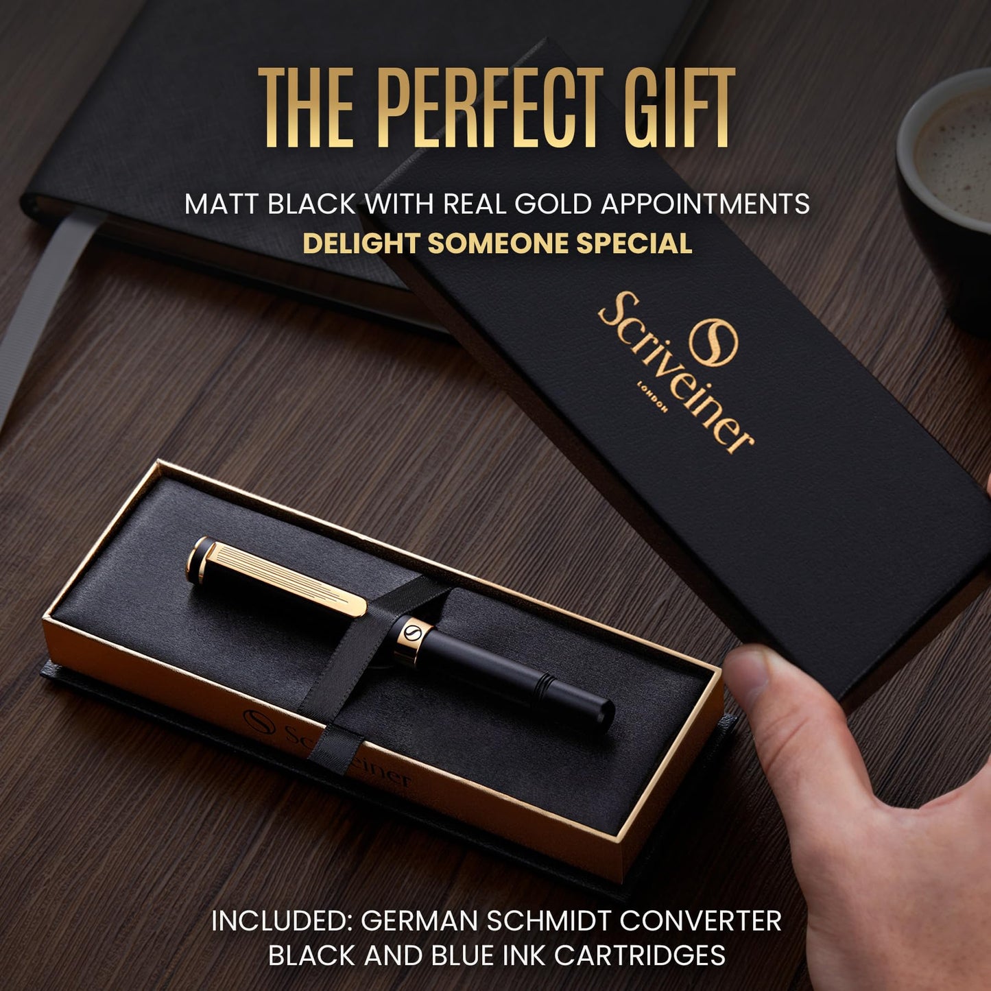 Scriveiner Luxury EDC Fountain Pen (Medium), Stunning Luxury Black Pocket Pen, Real Gold Plating