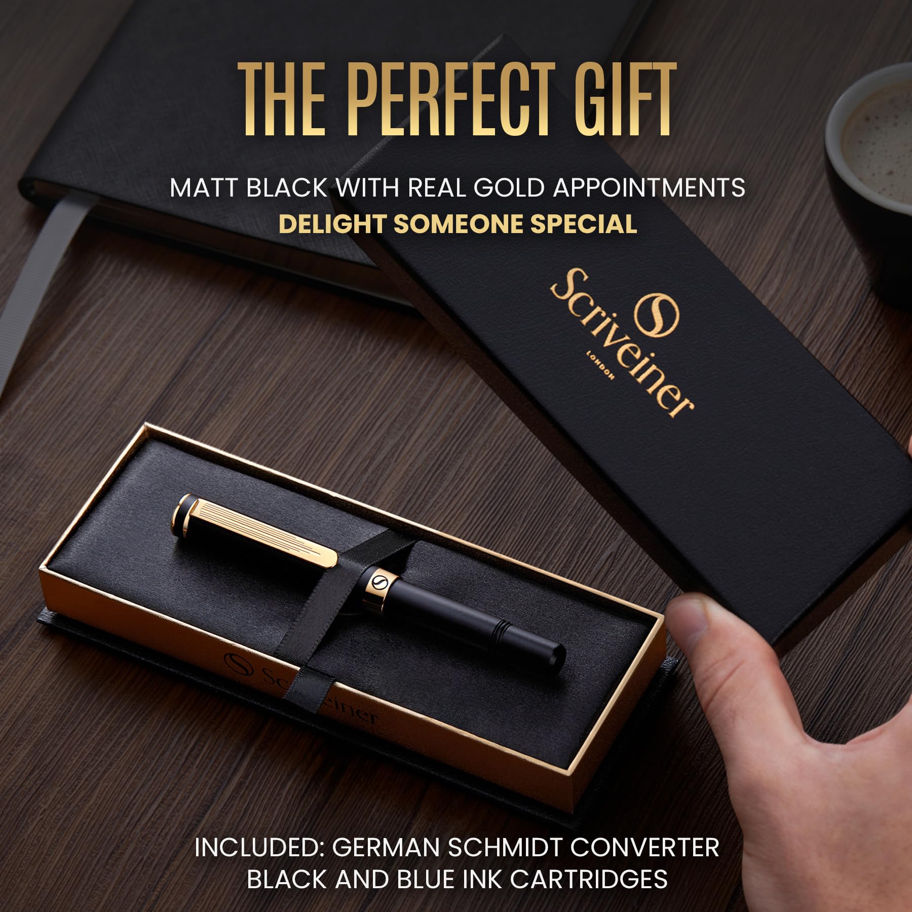 Scriveiner Luxury EDC Fountain Pen (Fine), Stunning Black Pocket Pen with Real Gold Finish, Schmidt