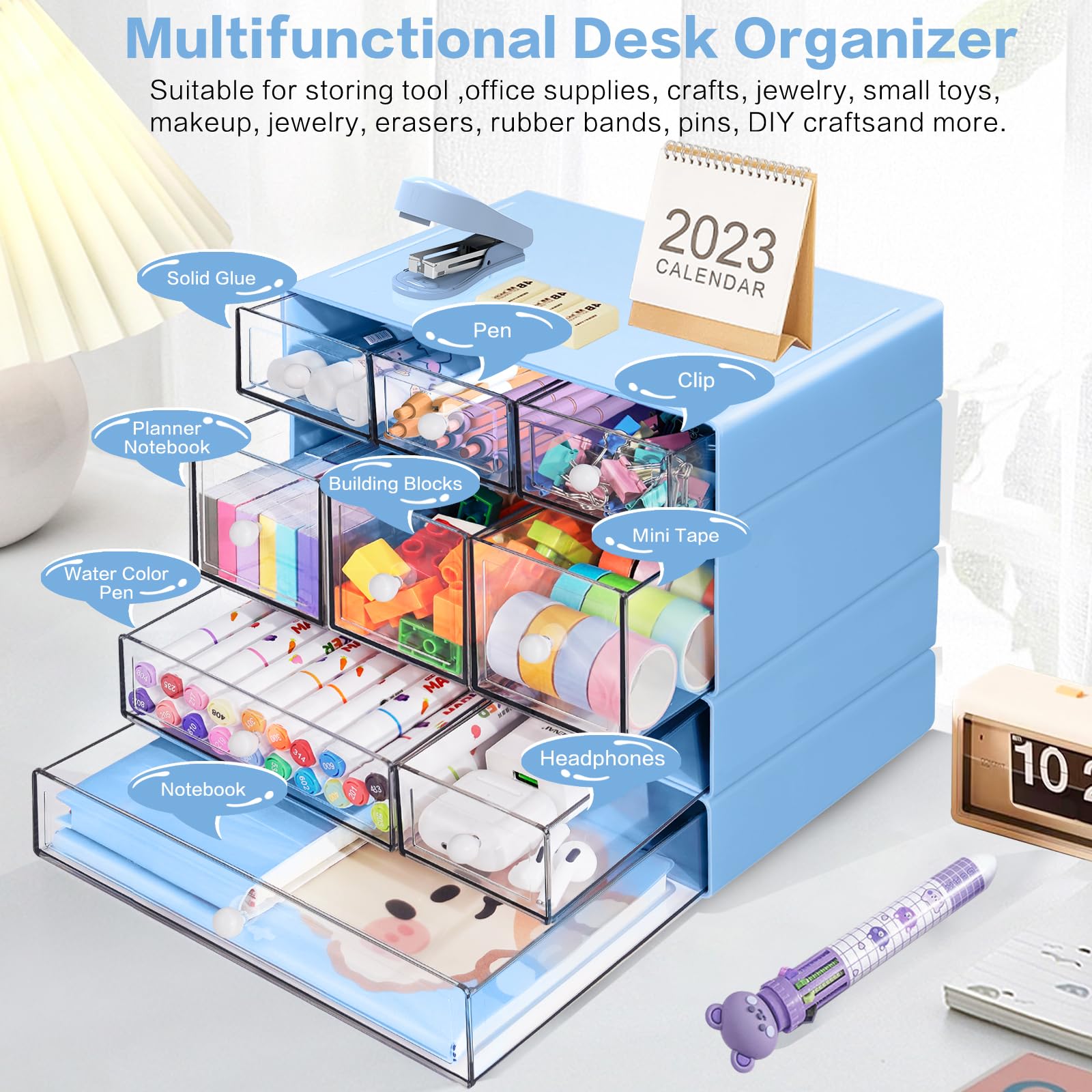 FODIENS Desk Storage Organizer with 9 Drawers, 4 Tiers Stackable Desktop Craft Storage Drawers