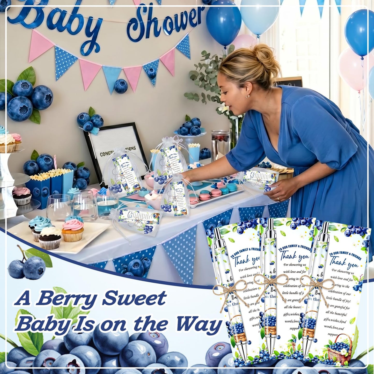 EYNDYN 145 Pieces Blueberry Baby Shower Favors for Guest BlueBerry Sweet Baby Ballpoint Pens and