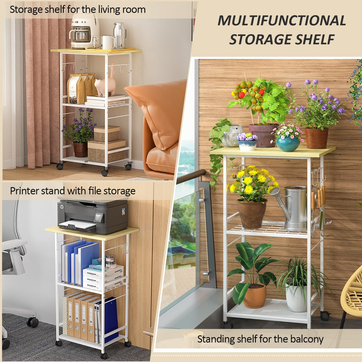 ThreeHio Rolling Kitchen Microwave Cart, 3 Tier Microwave Table Stand with Adjustable Shelf
