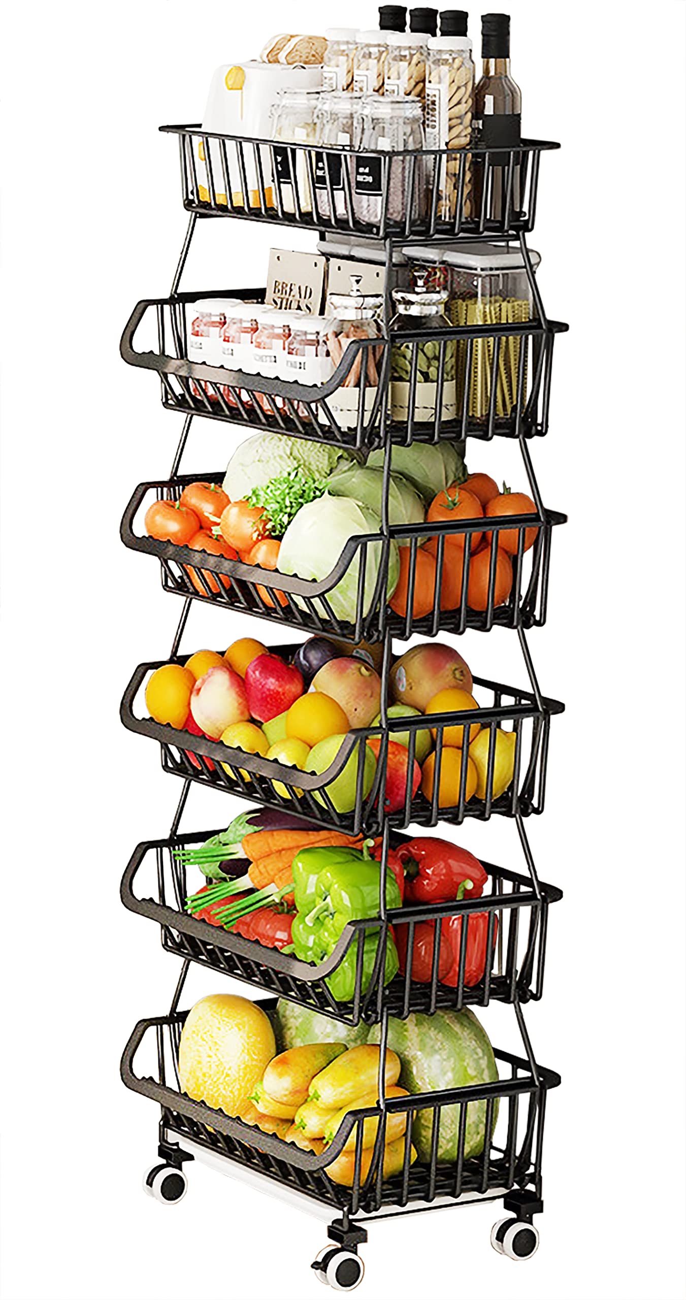 MURRI&MURRDI Fruit Vegetable Storage Baskets with Wheels, 6 Tier Stackable Wire Storage Baskets
