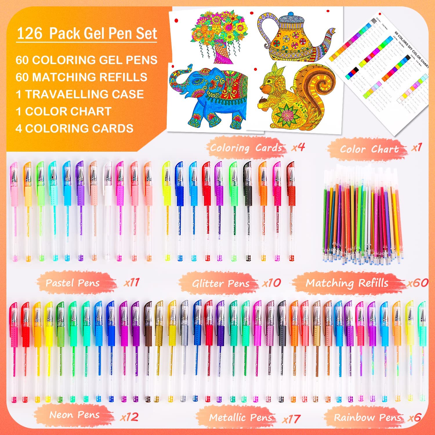 Soucolor 120 Gel Pens Set, Metallic Glitter Pastel,Refills,Drawing Kit Gift