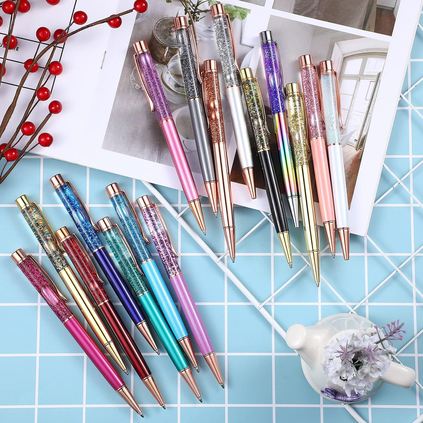 HESTYA 16 Pcs Glitter Crystal Ballpoint Pens Bulk for Women, Liquid Style