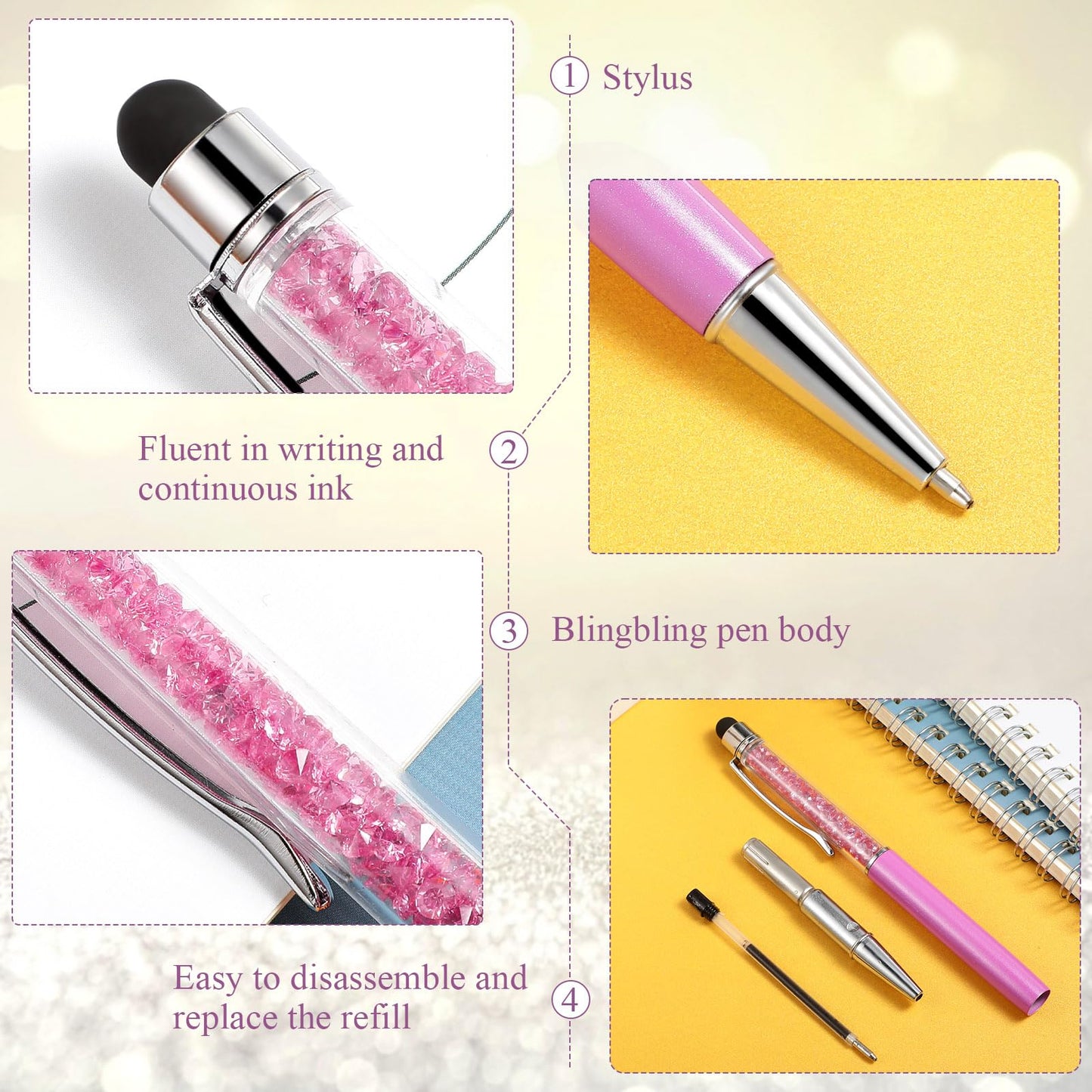 HESTYA 26 Pcs Crystal Stylus Ballpoint Pens 2-in-1 for Women, Warm Colors