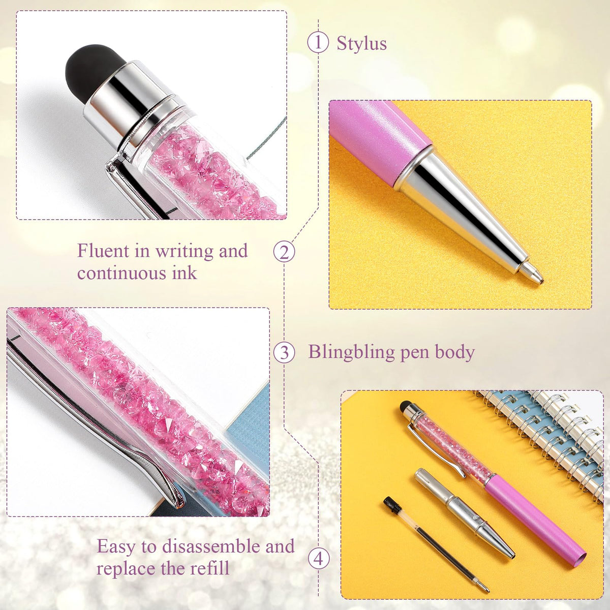 HESTYA 26 Pcs Crystal Stylus Ballpoint Pens 2-in-1 for Women, Warm Colors