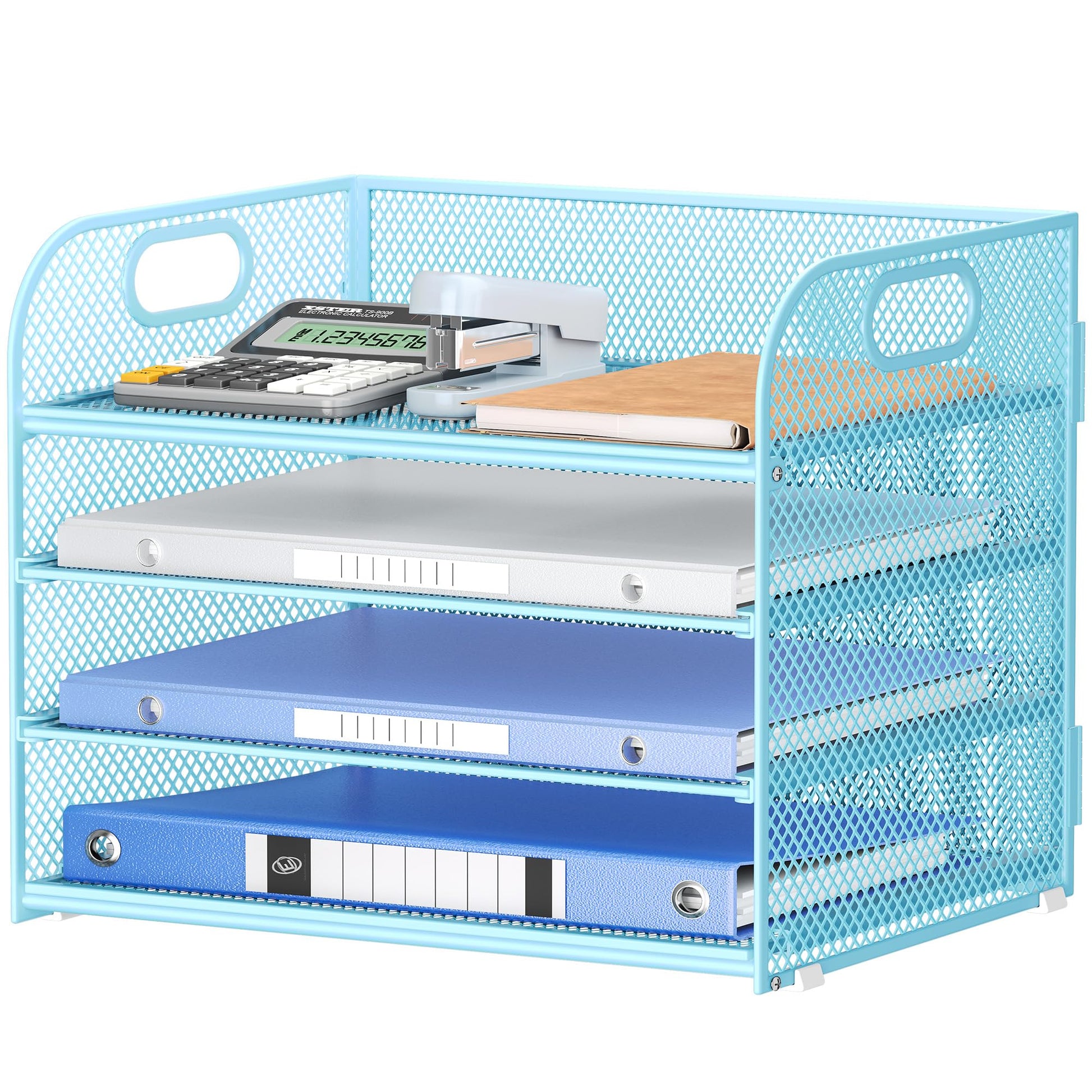 Lavatino 4-Tier Paper Organizer Trays - Blue Mesh File Folder Sorter with Handles, Desk Letter