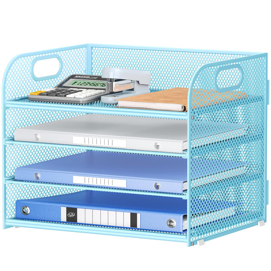 Lavatino 4-Tier Paper Organizer Trays - Blue Mesh File Folder Sorter with Handles, Desk Letter