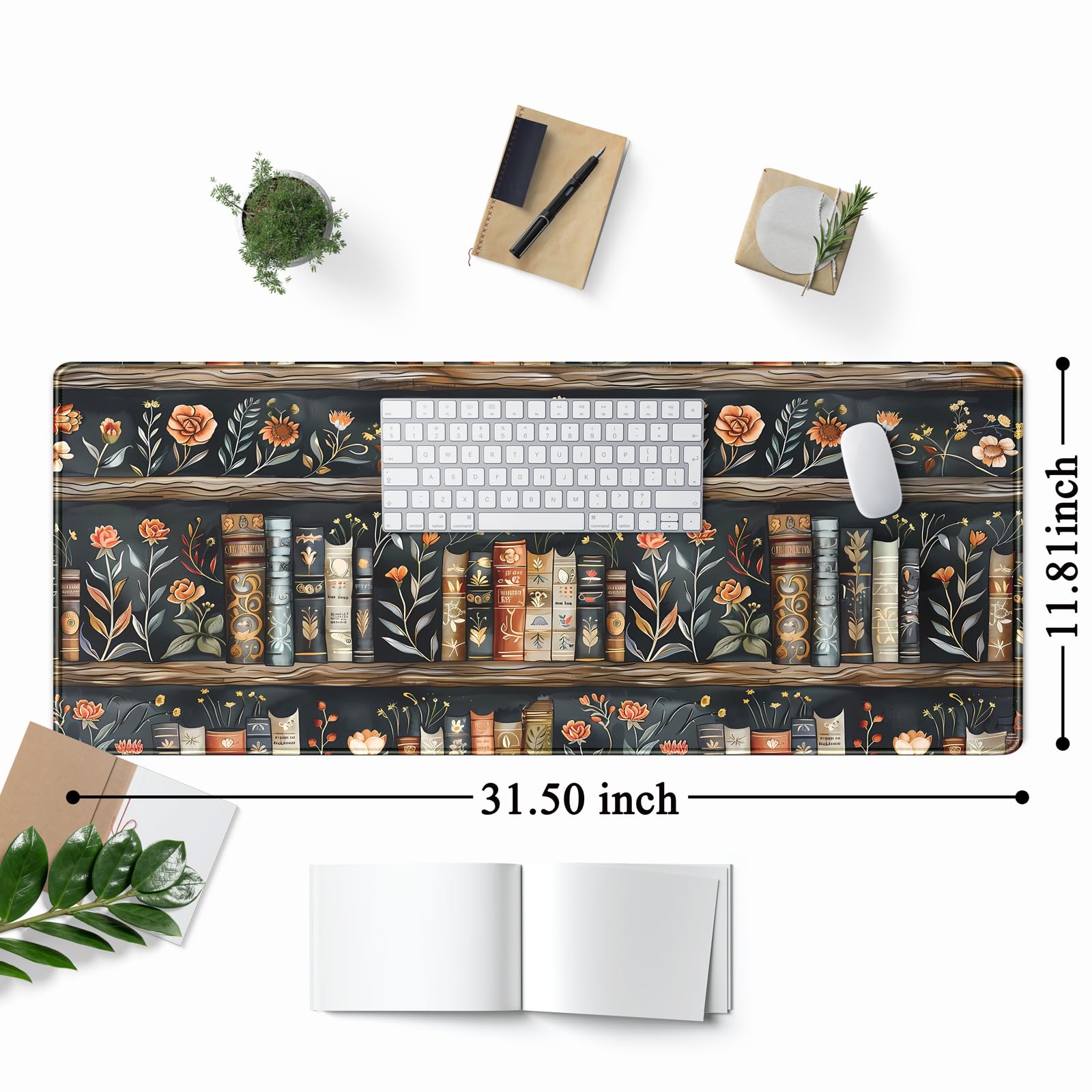 Library Desk Mat Dark Academia Large Mouse Pad Forest Book Nature Floral Gaming Mousepad XL Vintage
