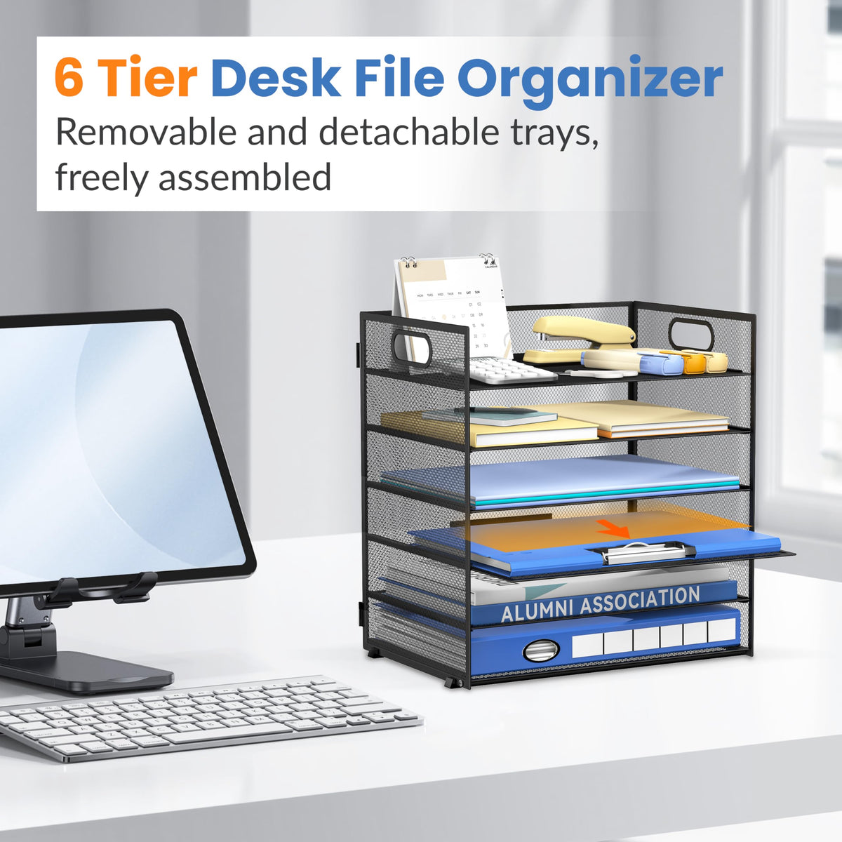 Daltack 6-Tier Paper Organizer for Desk with Handle, Black