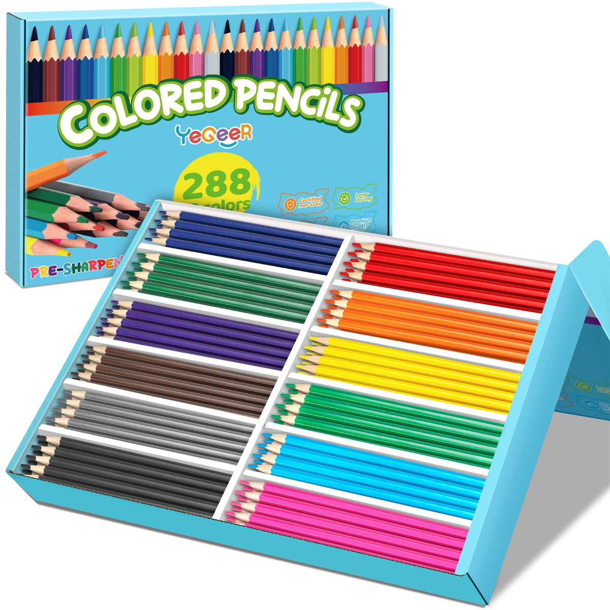 YEGEER 288 Count Colored Pencils Bulk, 12 Assorted Colors, Pre-sharpened Coloring Pencils Set for