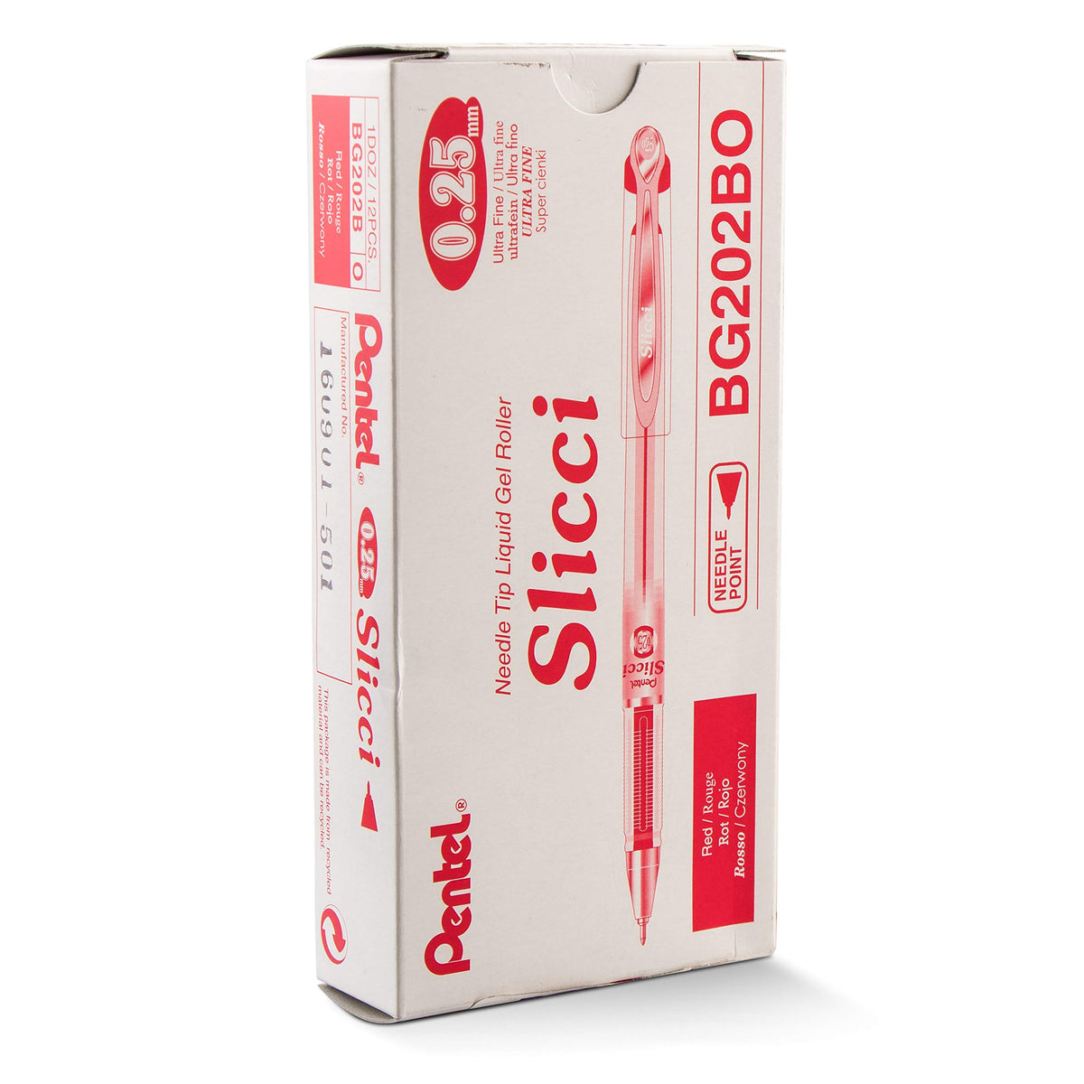 Pentel Arts Slicci 0.25 mm Extra Fine Gel Pen, Red Ink, Box of 12 (BG202-B)