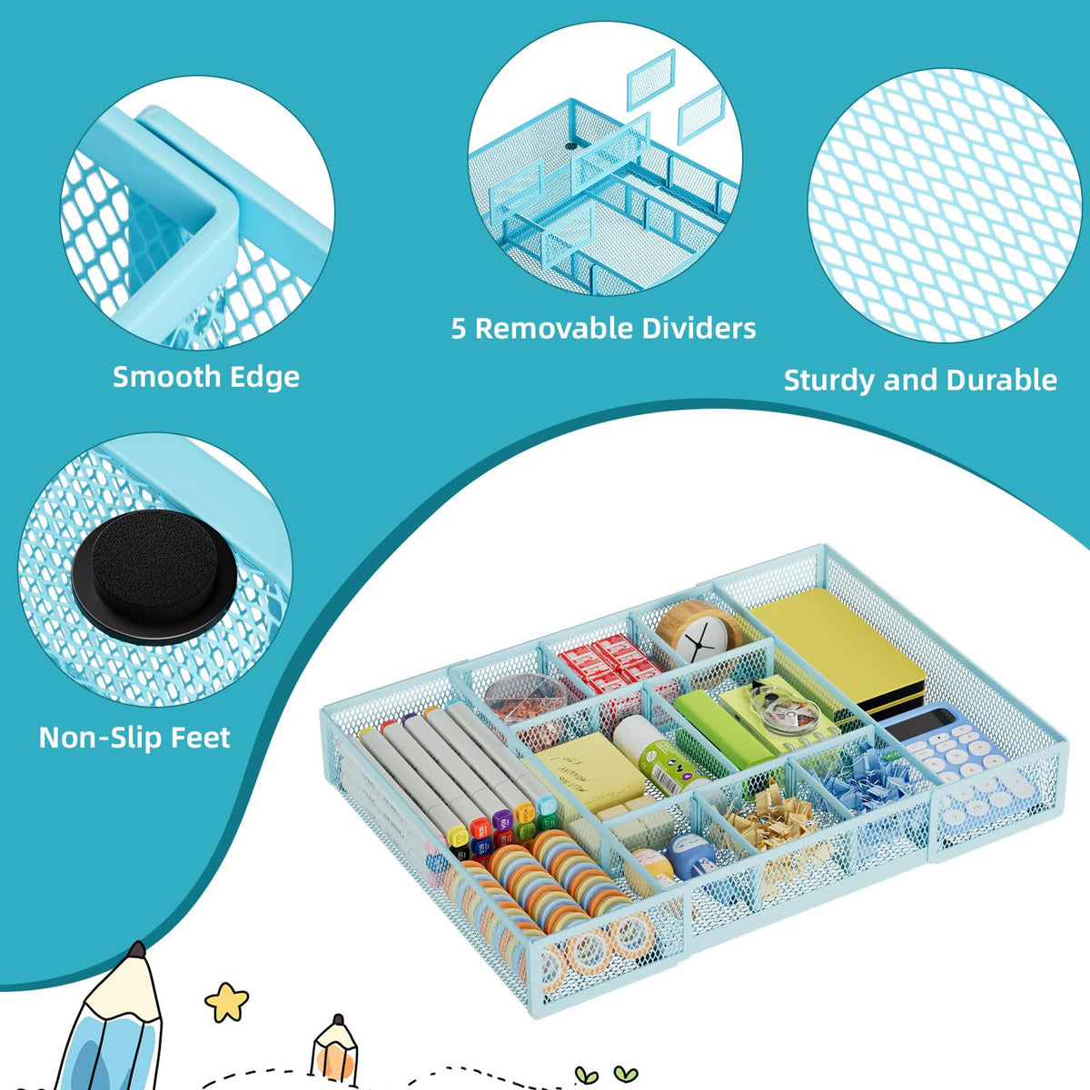 Marbrasse Expandable Desk Drawer Organizer, Mesh Drawer Organizer Tray with 10 Adjustable