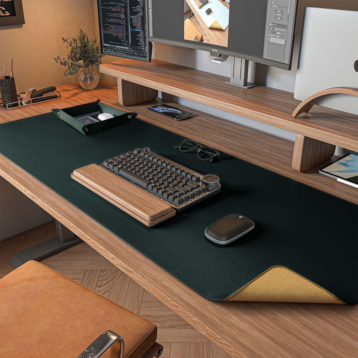 DAWNTREES Dark Green Desk Mat,Leather Desk Pad,40"x16",Cork Desk Mat Protector,with PU Leather