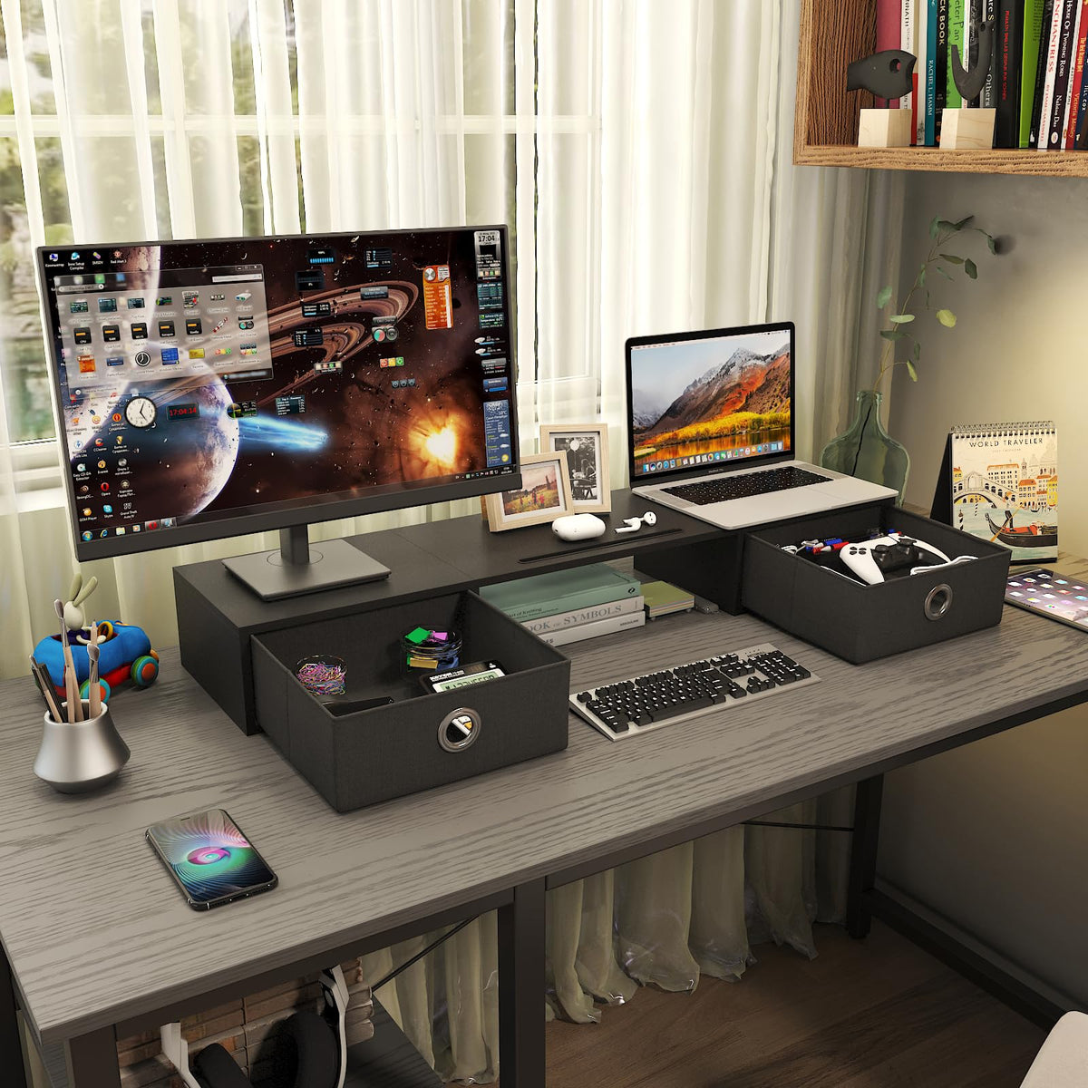 WESTREE Dual Monitor Stand Riser with Two Drawers, Extra Large Storage Monitor Stand for 2