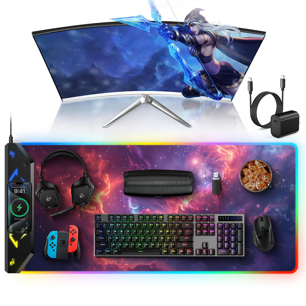 5-in-1 RGB Mouse Pad with Wireless Charging, Gaming Desk Mat, Red Nebula