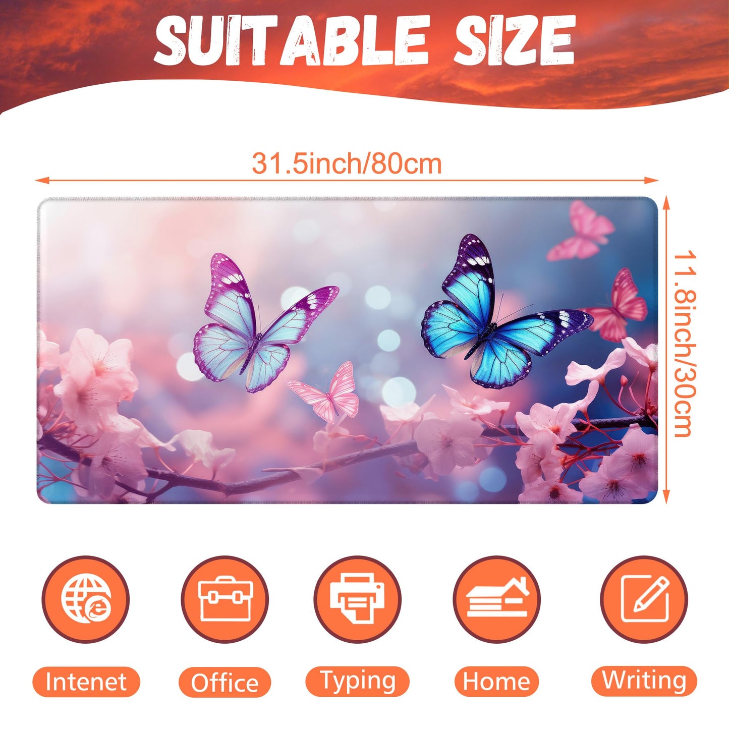 KOAIWPAE Desk Pad,Flying Blue Butterfly Desk Mat,Pink Cherry Blossom Branches Large Gaming Mouse