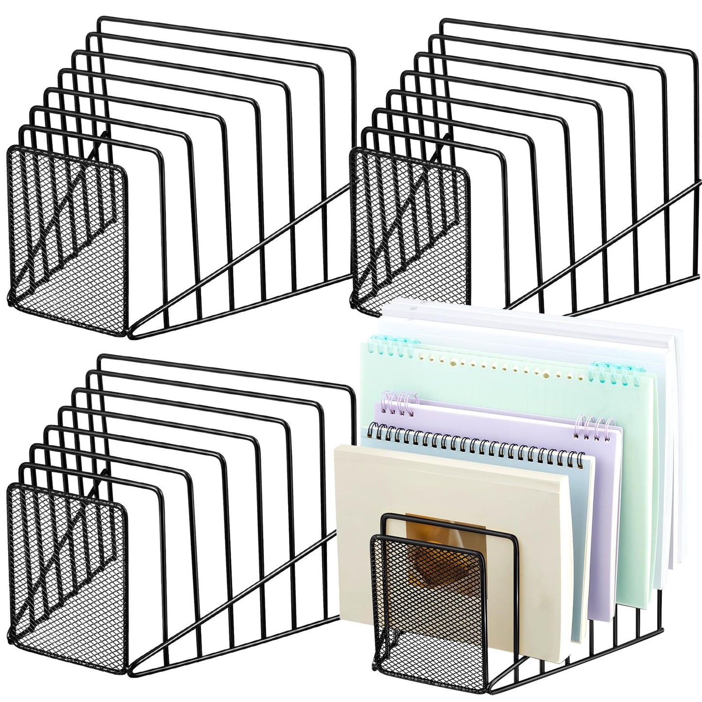 Chivertion 4 Pcs 2 Pcs Wire File Sorter Desk 7 Section Organizer, Black