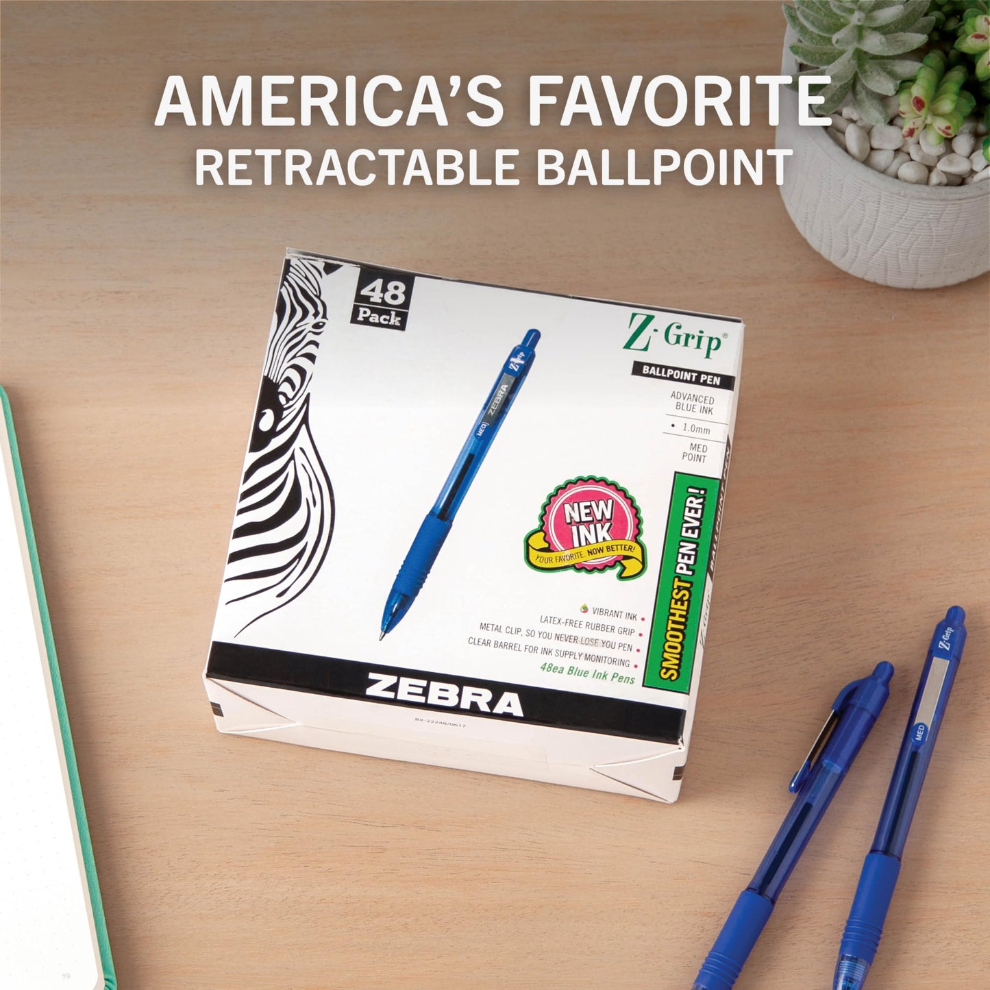 Zebra Pen Z-Grip Retractable Ballpoint Pen, Blue Ink, 1.0mm, 48 Bulk-Pack