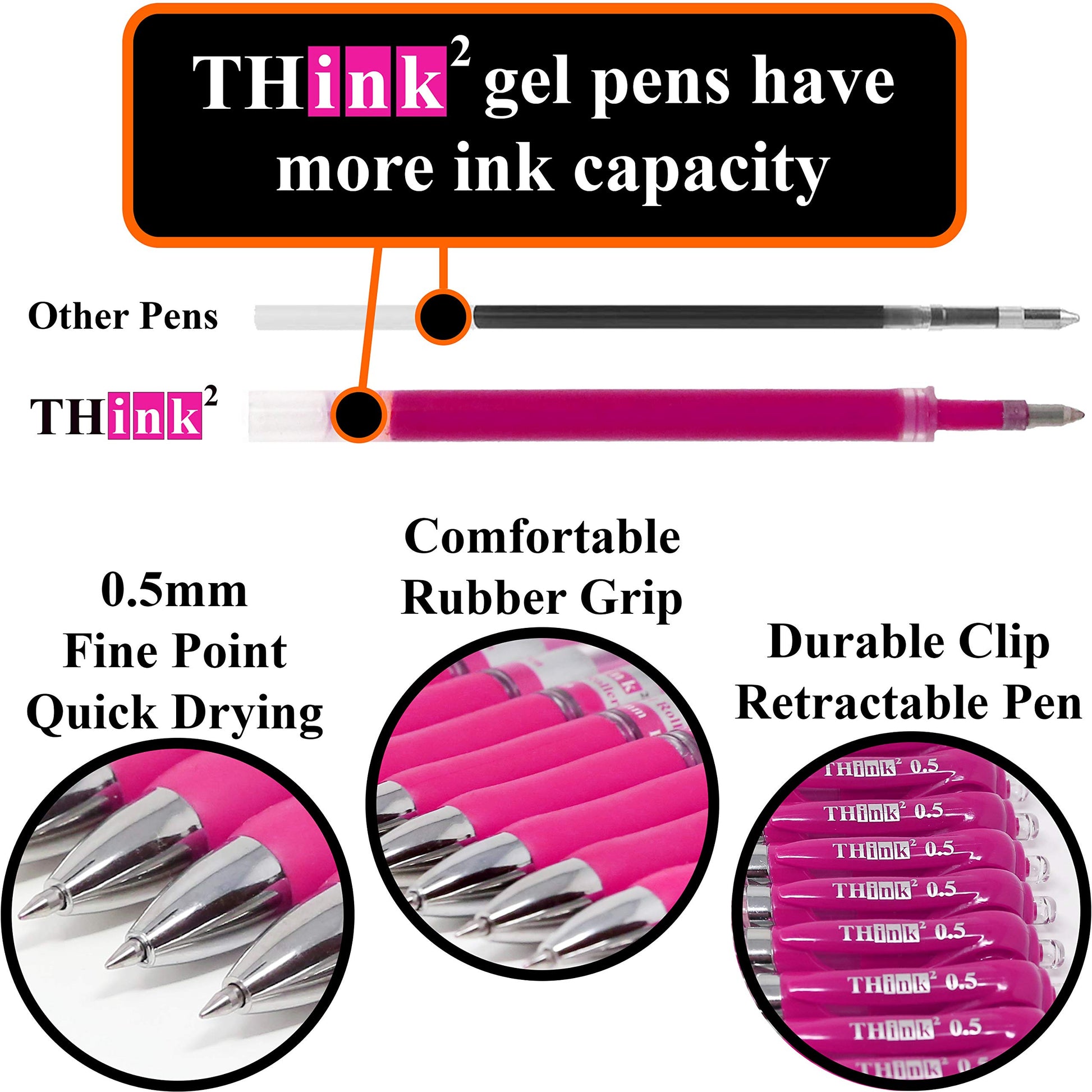 [24 Pens - Pink Ink] Think2 Retractable Gel Pens. (24 Pink) Fine Point (0.5mm) Rollerball Pens with