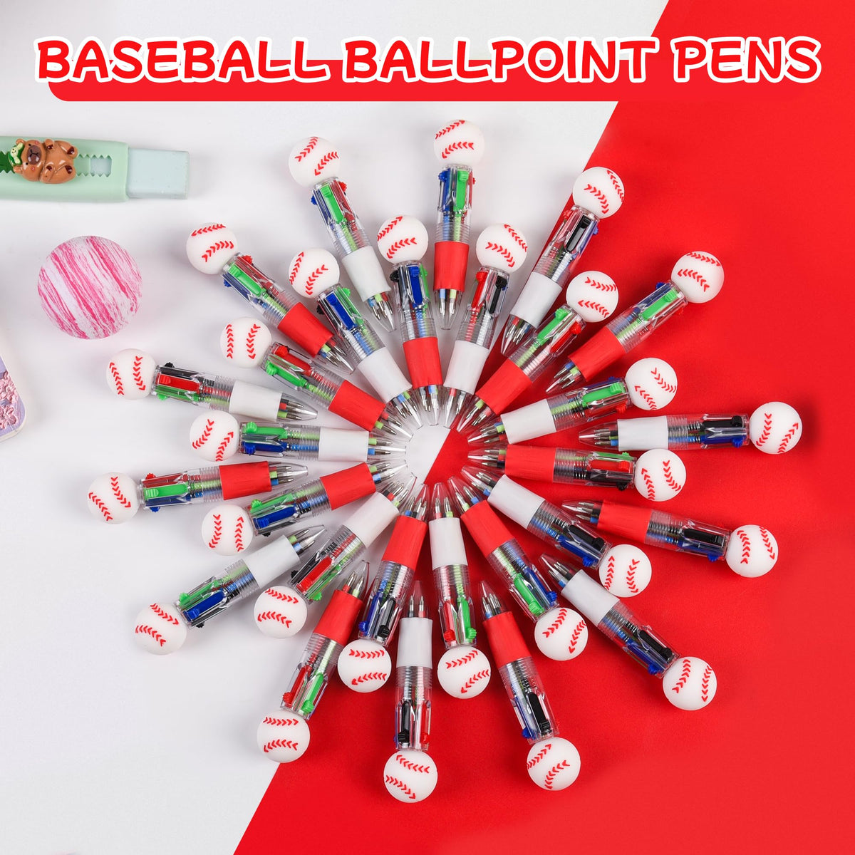 LiYiQ 25 Pcs Baseball Party Favor Multicolor Pen in One Cartoon Cute Fun 4-in-1 Cute Pens Bulk