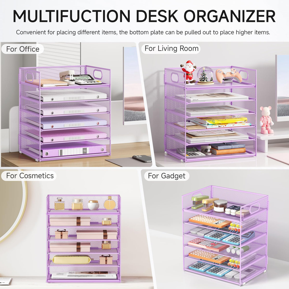 6 Tiers Letter Tray Paper Organizer with Handle, Mesh Desk File Organizer, Metal Desktop Document